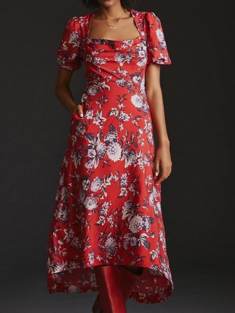 EUC Anthropologie Maeve Red Floral Puff Sleeve Drape Neck Midi Dress Size 8